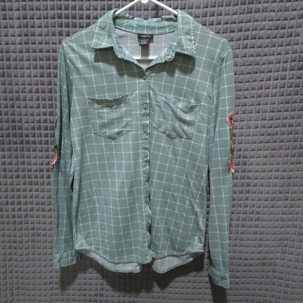 Green Floral Plaid Flannel Shirt Sm-Med Y2K Sage Embroidered Button Boho Chic